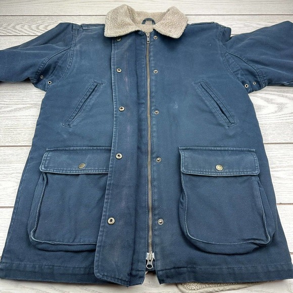 Cabela's Women M Reg Sherpa Lined Canvas Jacket Chore Coat Navy Blue Western Zip - Picture 5 of 9